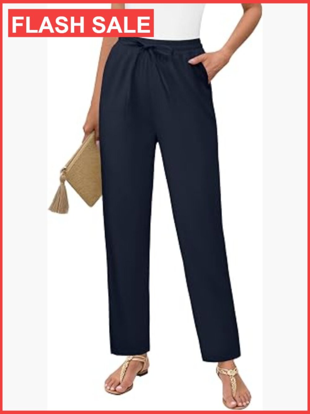 Women's Linen Blend Ankle Pants High Waisted Casual Drawstring Straight Leg